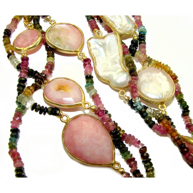 Infinity authentic 55.5 carat Pink Opal Brazilian Tourmaline .925 Sterling Silver handcrafted Station necklace; 44 inches