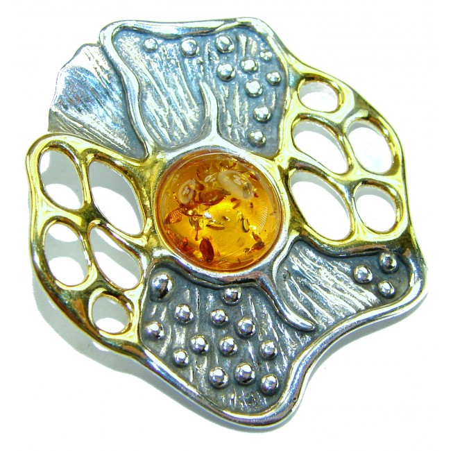 Prehistoric Authentic Baltic Amber 2 tones .925 Sterling Silver beautifully handcrafted Pendant