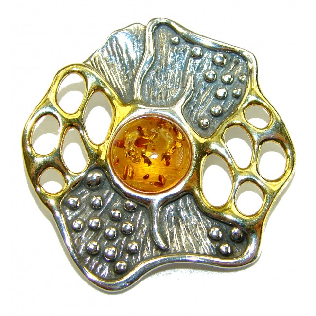Prehistoric Authentic Baltic Amber 2 tones .925 Sterling Silver beautifully handcrafted Pendant
