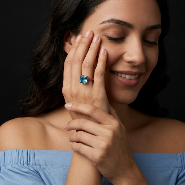 Pacifica 7.5 carat authentic Swiss Blue Topaz .925 Sterling Silver dipped in 14K Gold handmade Statement Ring size 6