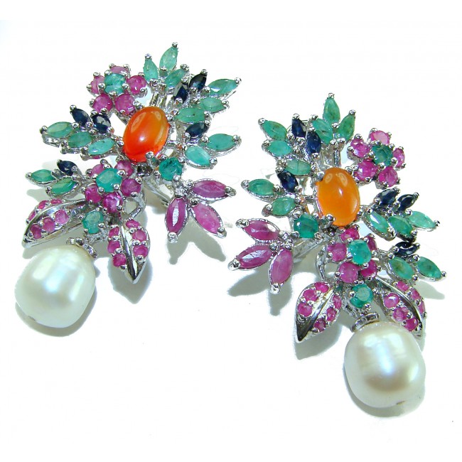 Giovanna - Genuine Pearl Oramge 4.6 carat Sapphire .925 Sterling Silver handcrafted Statement Earrings