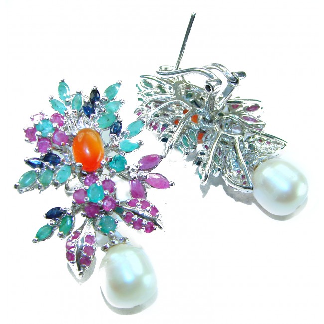 Giovanna - Genuine Pearl Oramge 4.6 carat Sapphire .925 Sterling Silver handcrafted Statement Earrings