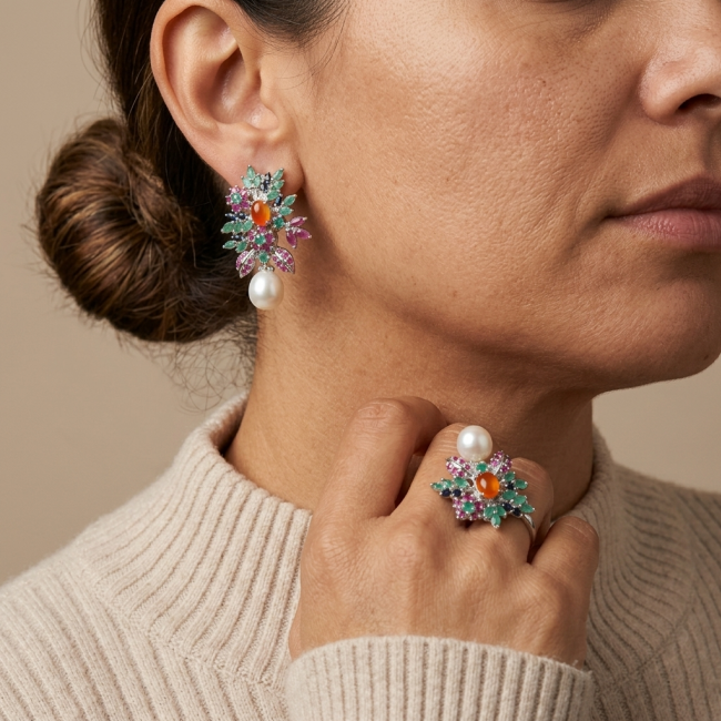 Giovanna - Genuine Pearl Oramge 4.6 carat Sapphire .925 Sterling Silver handcrafted Statement Earrings