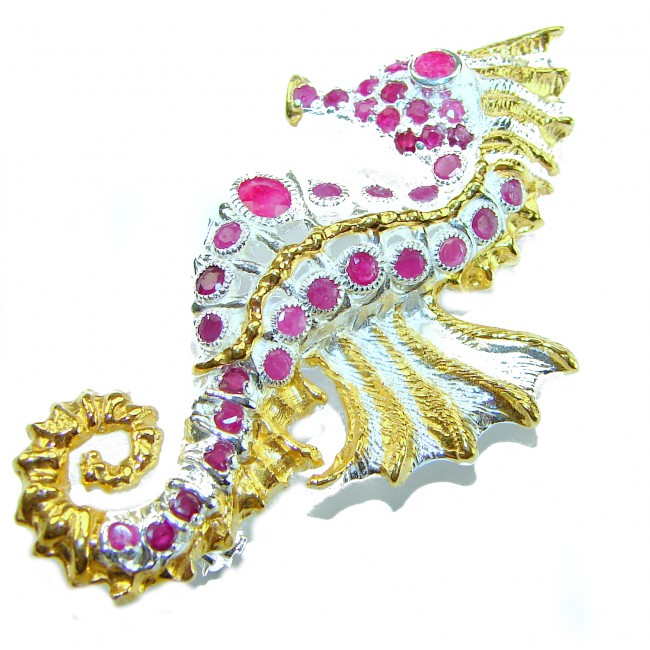 Seahorse Excellent quality 2.9 carat Ruby 18K Gold over .925 Sterling Silver handcrafted Pendant Brooch