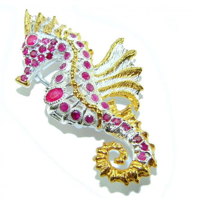 Seahorse Excellent quality 2.9 carat Ruby 18K Gold over .925 Sterling Silver handcrafted Pendant Brooch