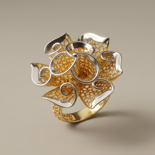 Dubai Style - .925 Sterling Silver dipped in 22K Gold handmade Large ring size 6