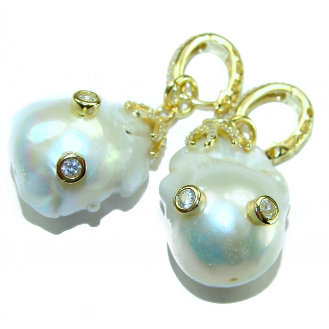 Large Genuine Blister Pearl 18K Gold over .925 Sterling Silver handcrafted Statement Earrings - photo 3