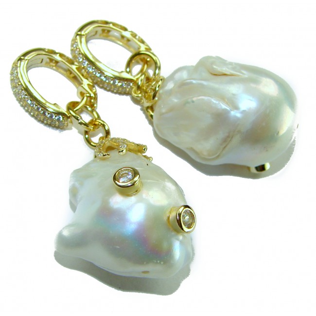 Large Genuine Blister Pearl 18K Gold over .925 Sterling Silver handcrafted Statement Earrings - photo 2