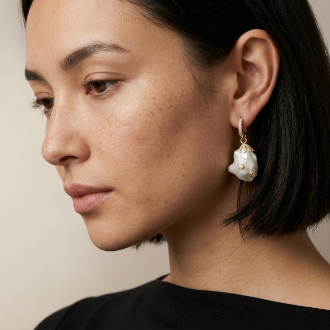 Large Genuine Blister Pearl 18K Gold over .925 Sterling Silver handcrafted Statement Earrings - photo 1