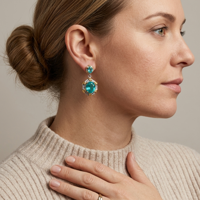 Costa del Sol 9.8 carat Apatite 2 tones .925 Sterling Silver Handcrafted Statement earrings