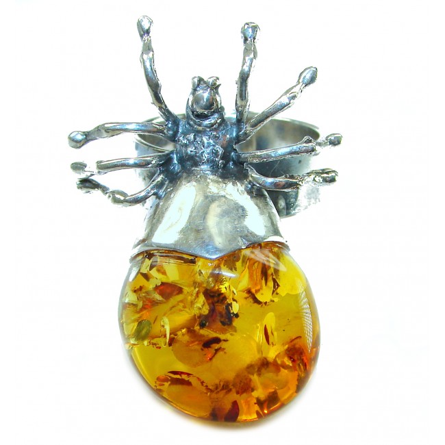 LARGE Golden Spider Authentic Baltic Amber .925 Sterling Silver handcrafted ring; s. 8 adjustable