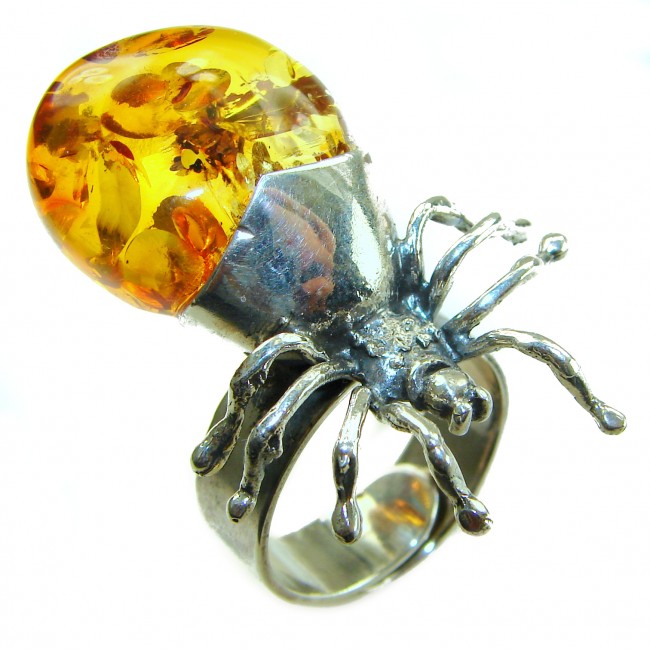 LARGE Golden Spider Authentic Baltic Amber .925 Sterling Silver handcrafted ring; s. 8 adjustable