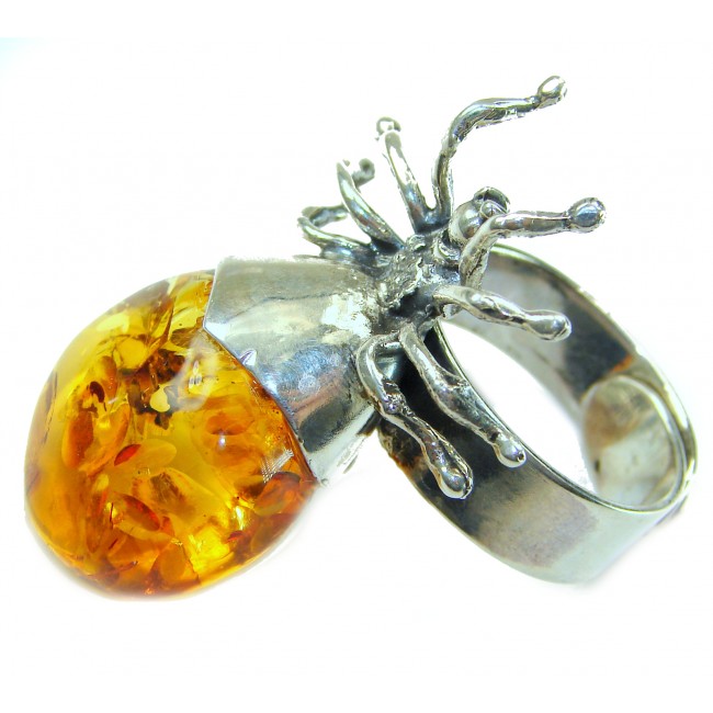 LARGE Golden Spider Authentic Baltic Amber .925 Sterling Silver handcrafted ring; s. 8 adjustable