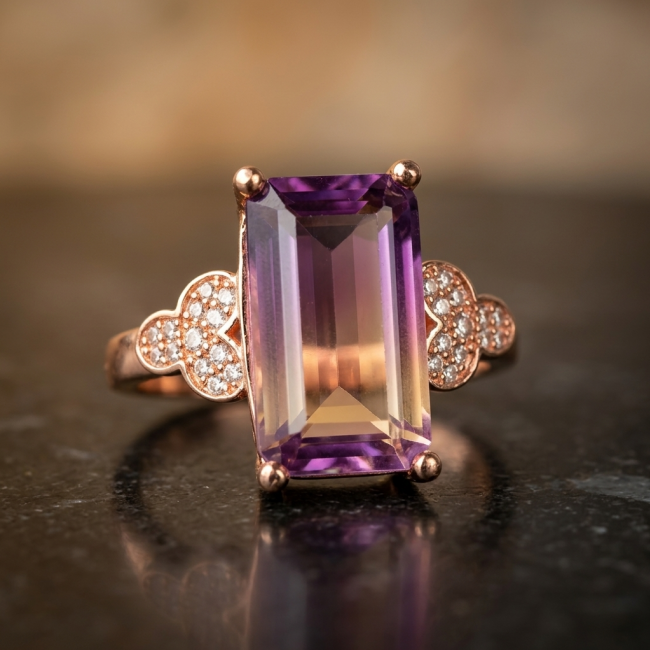 Tiffany baquette cut 10.5 carat Ametrine 18K Rose Gold over .925 Sterling Silver handmade Ring s. 6 1/2