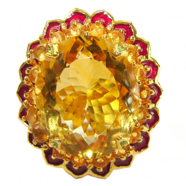 Gabriella 28.6 carat Lemon Quartz red enamel .925 Sterling Silver dipped in 22K Gold handcrafted Statement ring size 7 3/4