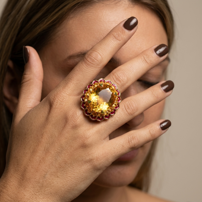 Gabriella 28.6 carat Lemon Quartz red enamel .925 Sterling Silver dipped in 22K Gold handcrafted Statement ring size 7 3/4