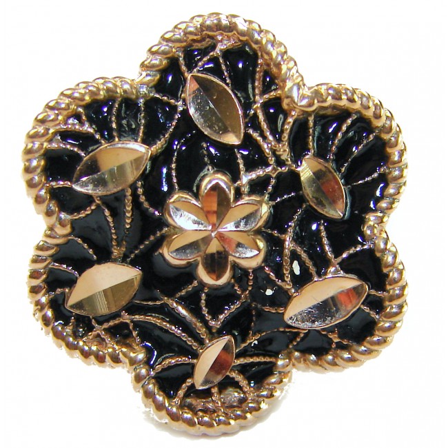 Dubai Style - Golden Flowers black enamel .925 Sterling Silver dipped in 22K Rose Gold handmade Large ring size 6