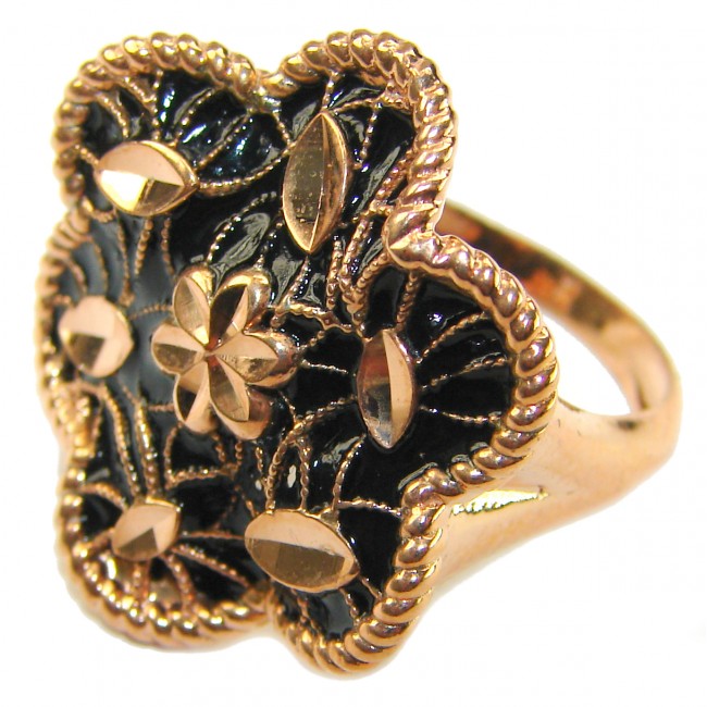 Dubai Style - Golden Flowers black enamel .925 Sterling Silver dipped in 22K Rose Gold handmade Large ring size 6