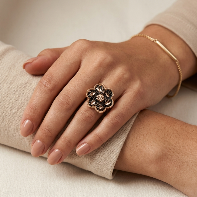 Dubai Style - Golden Flowers black enamel .925 Sterling Silver dipped in 22K Rose Gold handmade Large ring size 6