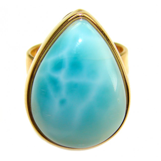 Large 22.9 carat Blue Perfection Blue Larimar .925 Sterling Silver handmade Large ring size 8 adjustable - Close-up of large blue Larimar stone ring in .925 sterling silver