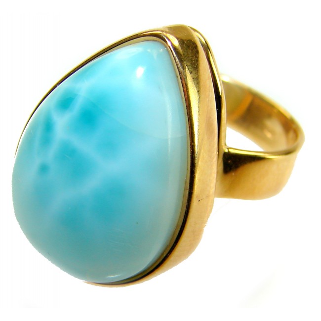Large 22.9 carat Blue Perfection Blue Larimar .925 Sterling Silver handmade Large ring size 8 adjustable - Close-up of a large Blue Larimar ring in gold setting