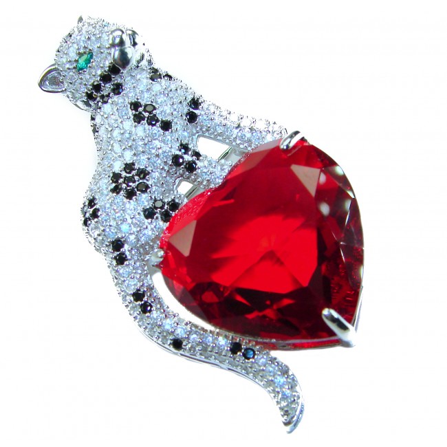 Passionate Love Cheetah authentic 42.5 carat Ruby .925 Sterling Silver Handcrafted pendant brooch