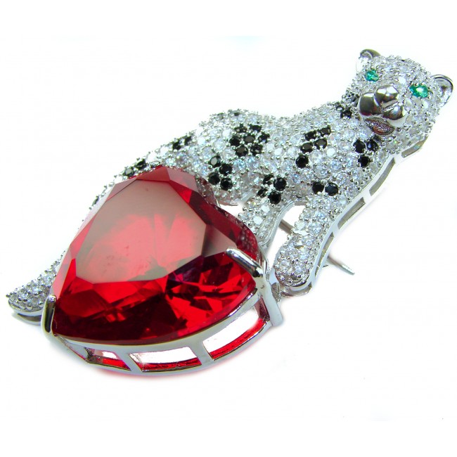 Passionate Love Cheetah authentic 42.5 carat Ruby .925 Sterling Silver Handcrafted pendant brooch