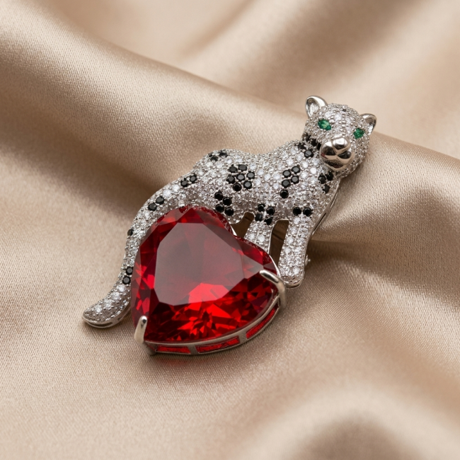 Passionate Love Cheetah authentic 42.5 carat Ruby .925 Sterling Silver Handcrafted pendant brooch