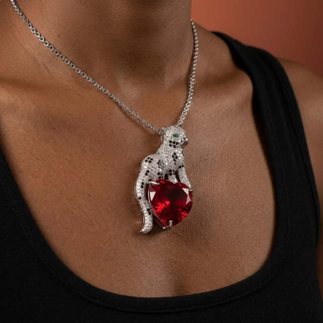 Passionate Love Cheetah authentic 42.5 carat Ruby .925 Sterling Silver Handcrafted pendant brooch