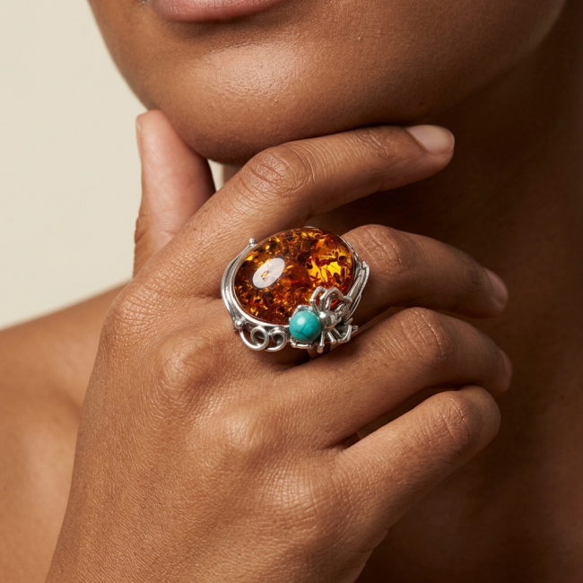 Blue Spider - Natural Baltic Amber Turquoise .925 Sterling Silver handcrafted ring; s. 8 adjustable