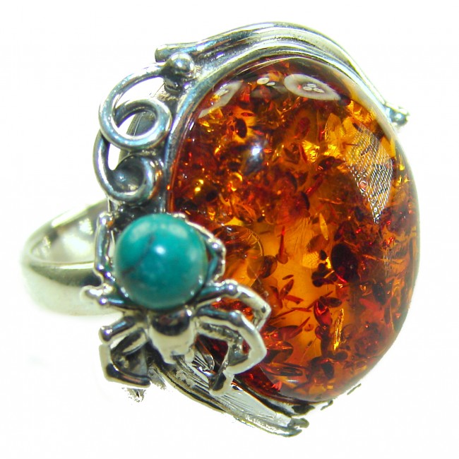 Blue Spider - Natural Baltic Amber Turquoise .925 Sterling Silver handcrafted ring; s. 7 adjustable