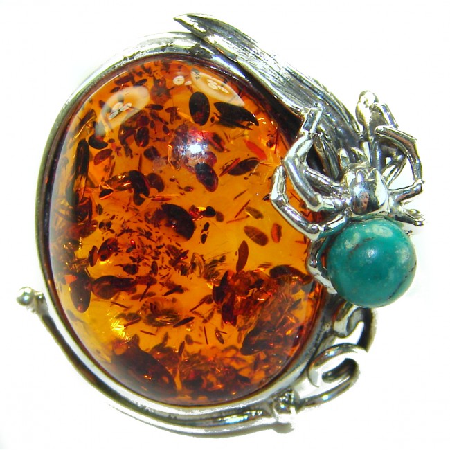 Blue Spider - Natural Baltic Amber Turquoise .925 Sterling Silver handcrafted ring; s. 7 adjustable