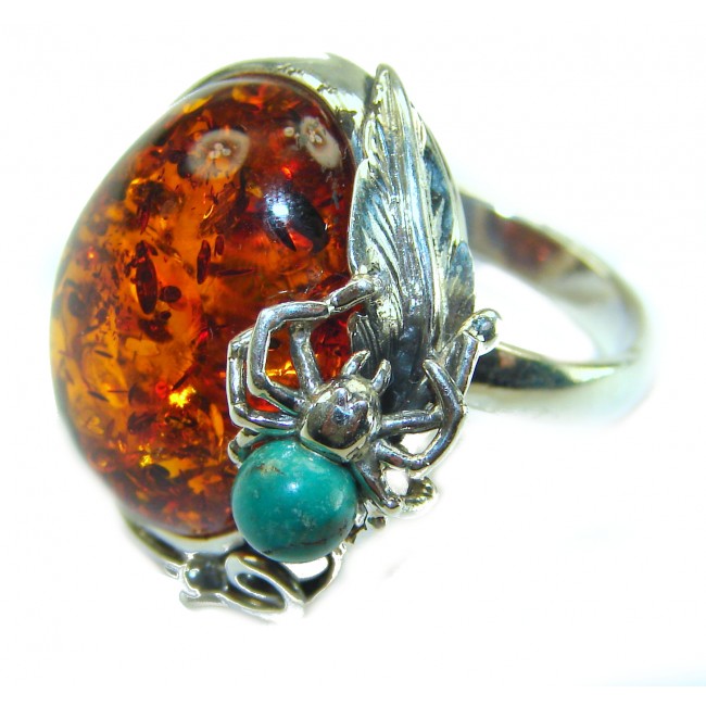Blue Spider - Natural Baltic Amber Turquoise .925 Sterling Silver handcrafted ring; s. 7 adjustable