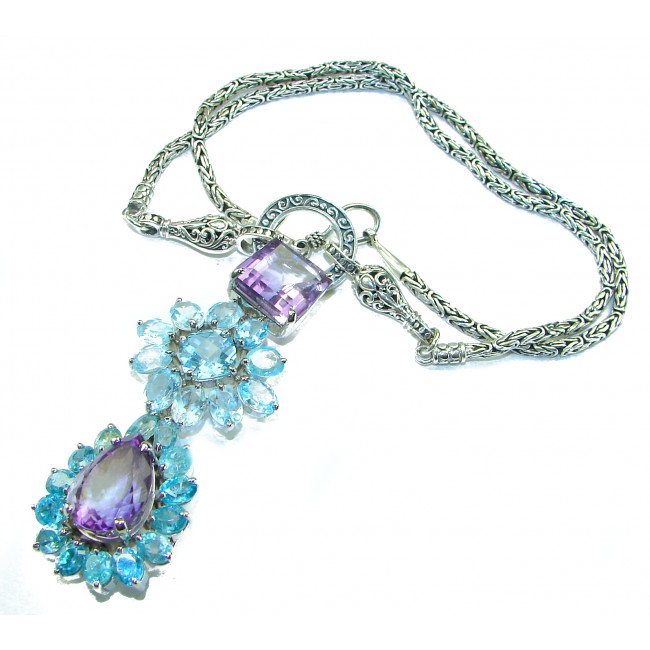 Mademoiselle - 78.5 carat natural Amethyst Swiss Blue Topaz .925 Sterling Silver dipped in Rhodium handcrafted Necklace