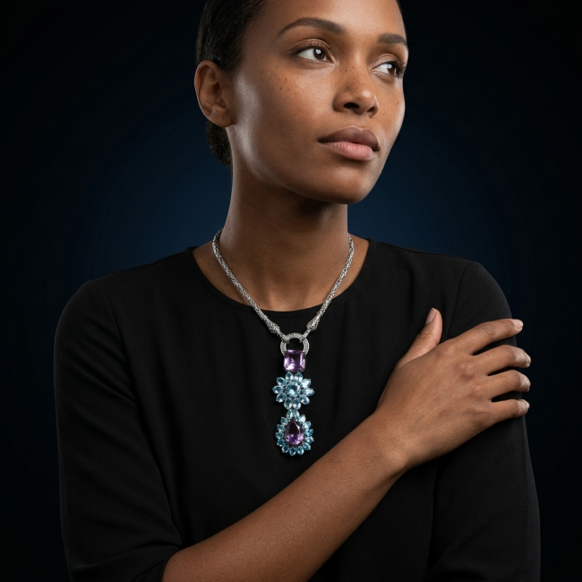 Mademoiselle - 78.5 carat natural Amethyst Swiss Blue Topaz .925 Sterling Silver dipped in Rhodium handcrafted Necklace