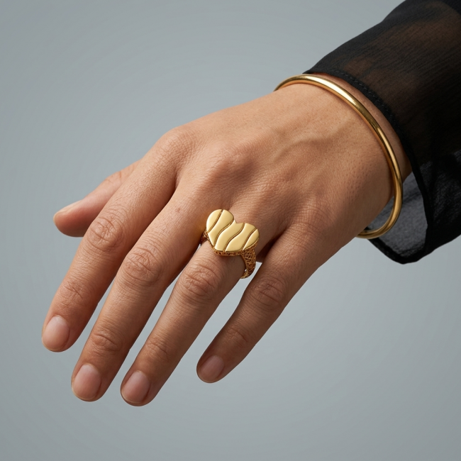 Dubai Style - Golden Heart .925 Sterling Silver dipped in 22K Gold handmade ring size 8