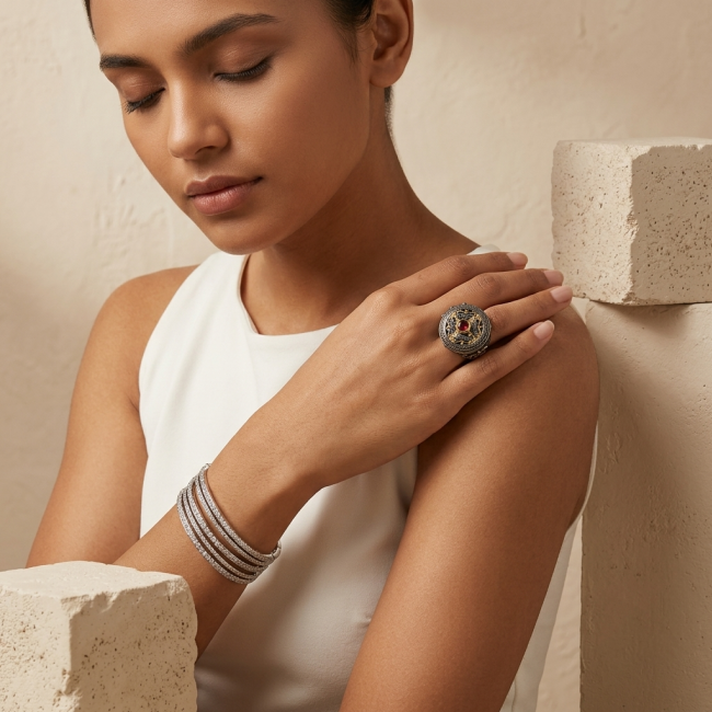 Natural 1.9 carat Magic Garnet black rhodium 14K Gold over .925 Sterling Silver handmade Large ring size 7 1/2