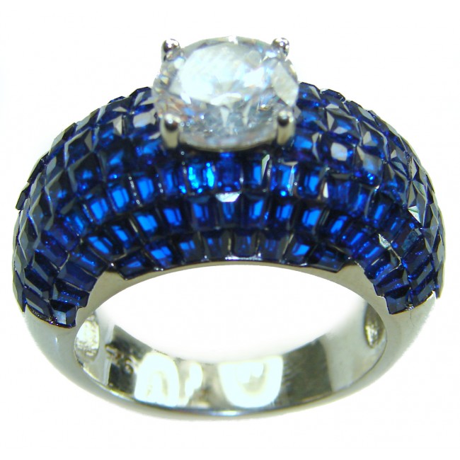 Iconic design 22.2 carat natural White Topaz Sapphire .925 Sterling Silver Perfectly handcrafted Ring s. 8 - Blue sapphire and white topaz ring, close-up angle.