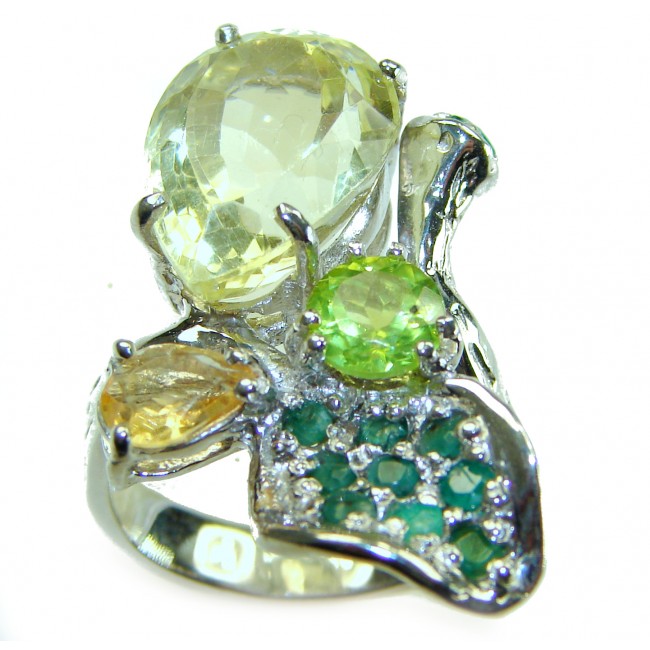 Exotic Flower 22.8 carat Genuine Lemon Quartz .925 Sterling Silver handcrafted ring size 7 - photo 2