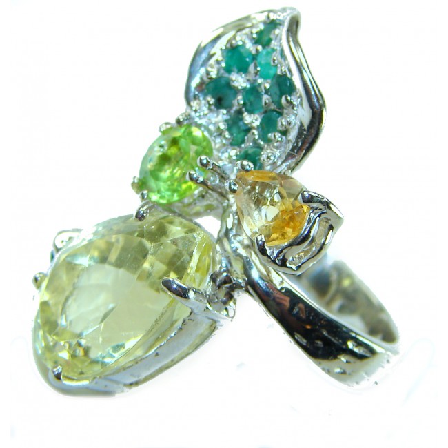 Exotic Flower 22.8 carat Genuine Lemon Quartz .925 Sterling Silver handcrafted ring size 7 - photo 1