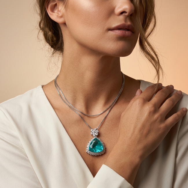 Rio Grande do Norte - Brazilian's Briliance - trillion cut 12.5 carat Paraiba Tourmaline .925 Sterling Silver handcrafted necklace