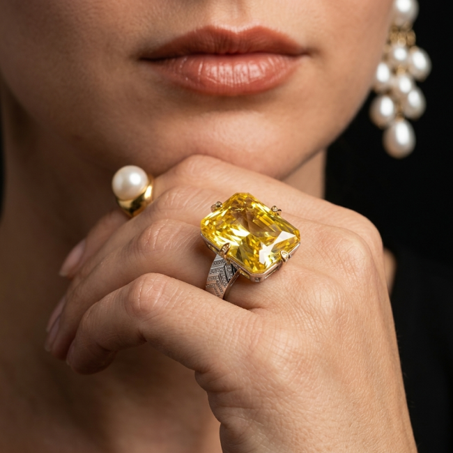 Solid 35.8 carat Genuine Yellow Sapphire 2 tones .925 Sterling Silver handcrafted ring size 8 adjustable