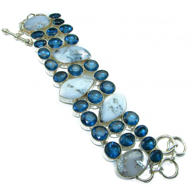 Very Unique natural White Dendritic Agate & Blue Topaz Sterling Silver Statement Bracelet