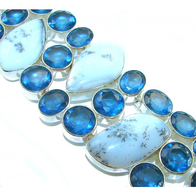 Very Unique natural White Dendritic Agate & Blue Topaz Sterling Silver Statement Bracelet