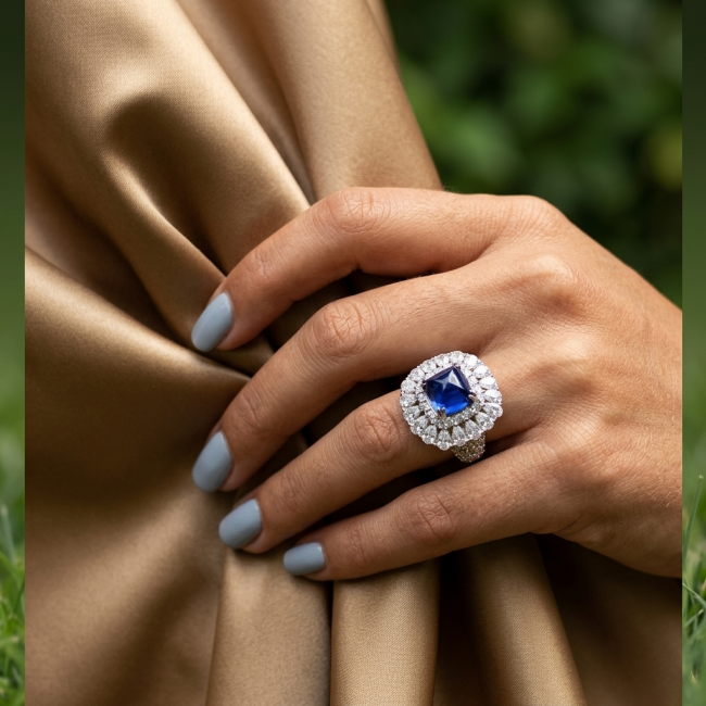 Born to Glam 5.2 carat natural Tanzanite .925 Sterling Silver Perfectly handcrafted Ring s. 5 - Tanzanite ring worn on hand, showcasing 5.2 carat stone and diamond accents.