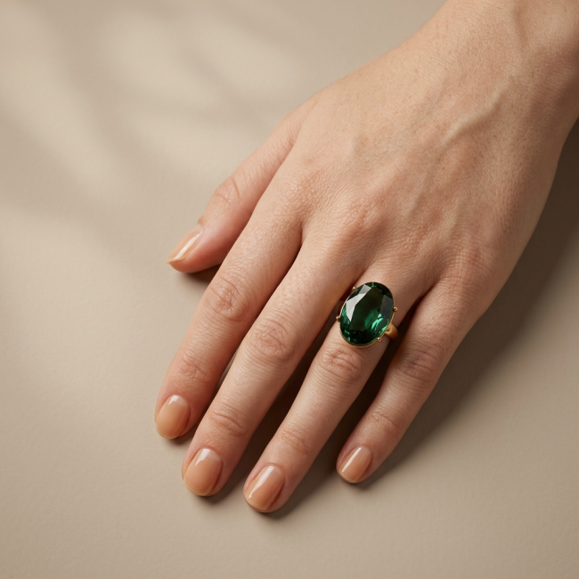 Exotic Beauty oval cut 17.5 carat Helenite .925 Sterling Silver dipped in Real Gold handmade Ring s. 8