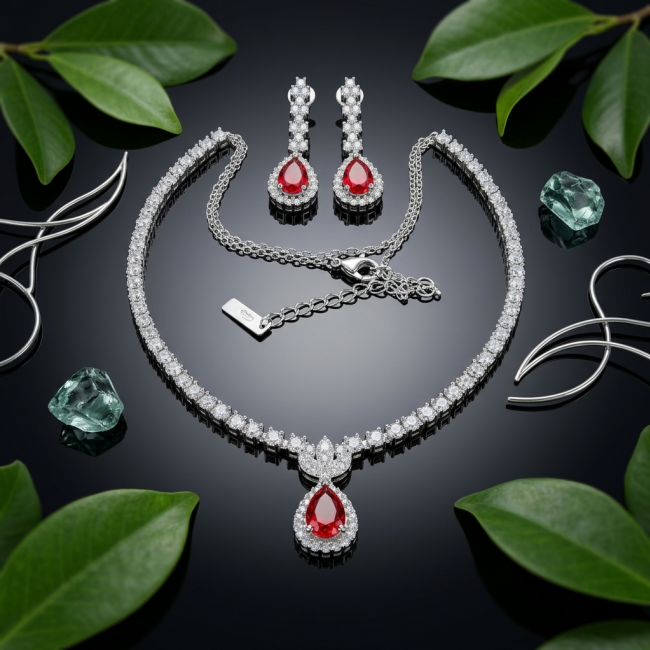 Julietta Luxurious natural 4 .5 carat Ruby .925 Sterling Silver handmade necklace - Ruby necklace and earring set with diamonds, displayed with green leaves