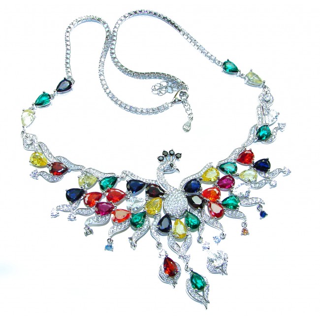 65.2 carat Graceful Peacock Natural multicolor Sapphire .925 Sterling Silver handcrafted Statement necklace