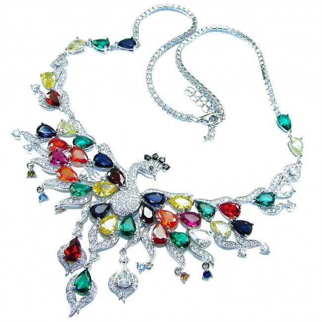 65.2 carat Graceful Peacock Natural multicolor Sapphire .925 Sterling Silver handcrafted Statement necklace