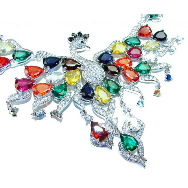65.2 carat Graceful Peacock Natural multicolor Sapphire .925 Sterling Silver handcrafted Statement necklace